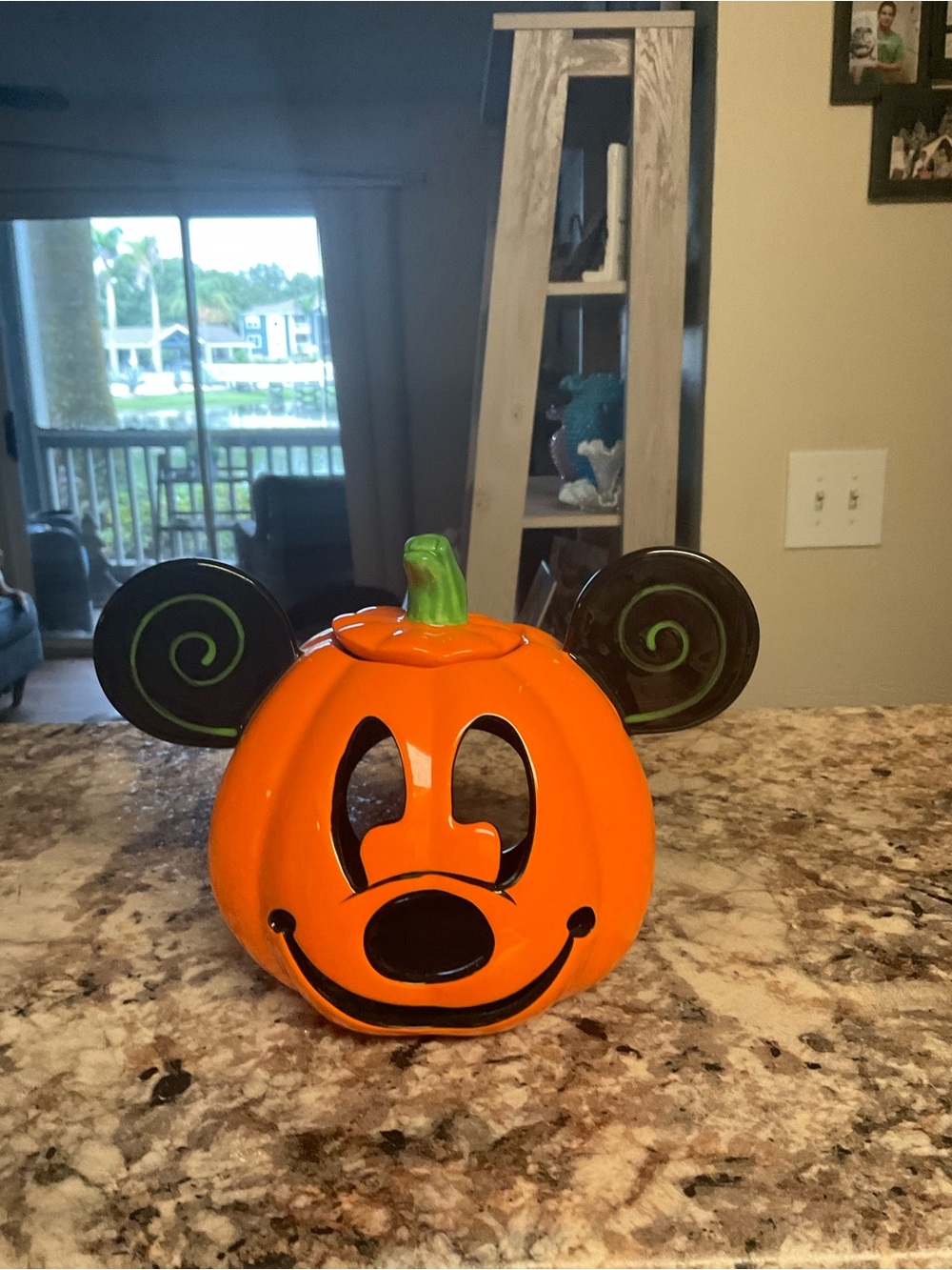 Disney Orange Mickey Pumpkin Ceramic Lantern with Green Stem candle holder 6”c5”